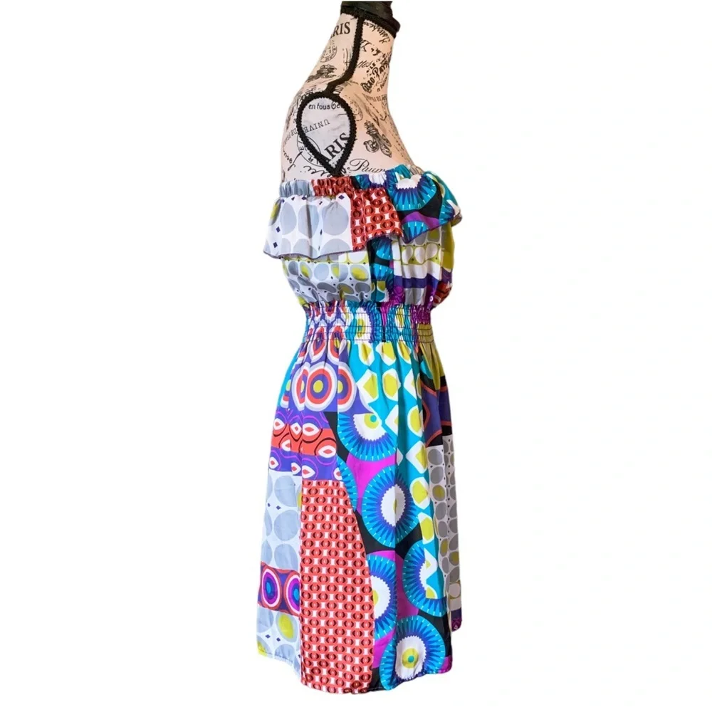 3 for 30 💥 Ventti VTG Satin Strapless Colorful Mini Dress Circus Print Purple - Picture 15 of 16